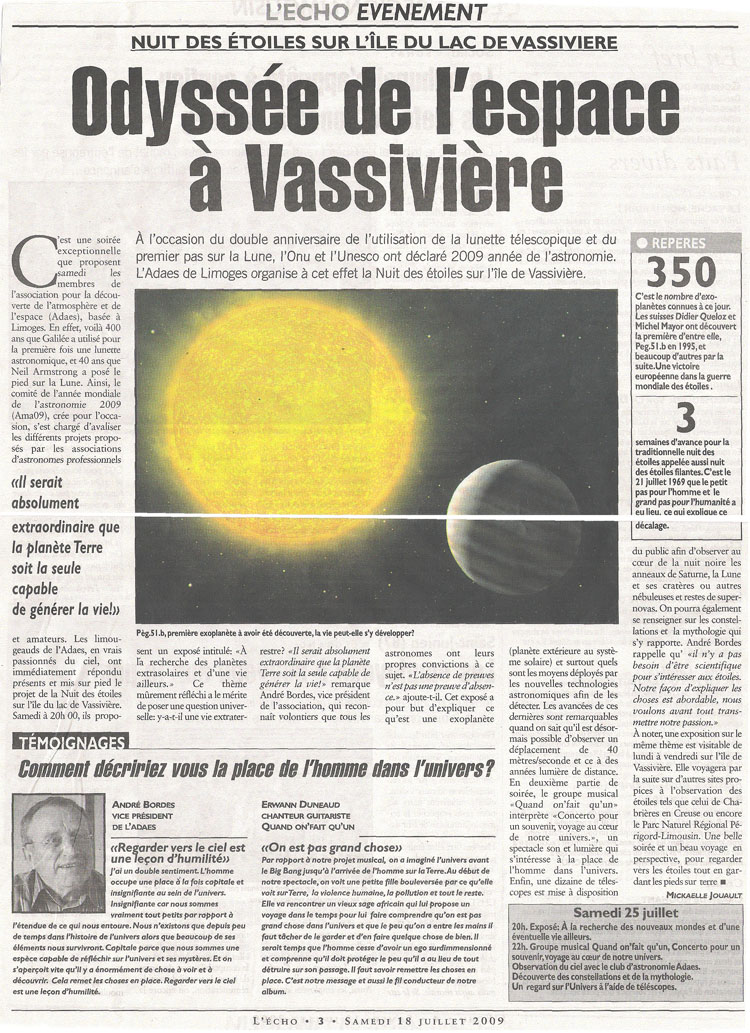 Article sur la Nuit des Etoiles  Vassivire le 25 juillet 2009