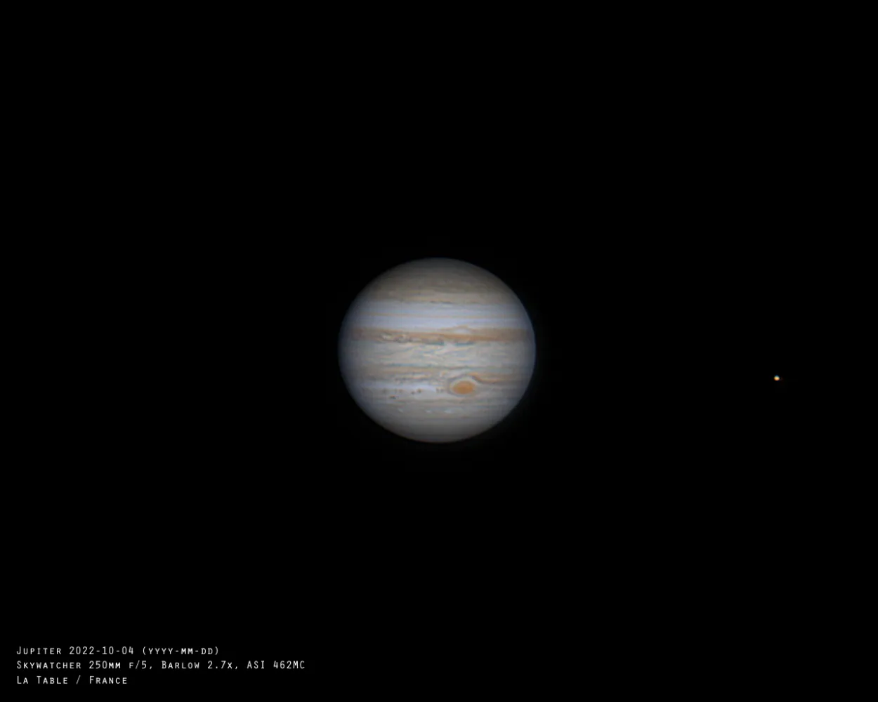 Jupiter, 4 octobre 2022, compilation de 3000 images, focale utilisée 3250mm, Skywatcher 250/1200, Barlow 2.7x, ASI 462MC, @Flo