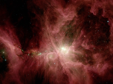 De nombreuses molcules ont t rpres par le tlescope spatial Herschel dans la nbuleuse d'Orion (vue ici en infrarouge par le satellite Spitzer).
