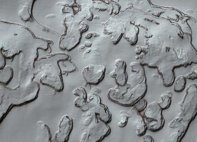Photographi par la camra Hirise de MRO, le ple sud de Mars est recouvert de neige carbonique persistante