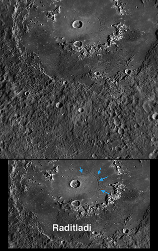 Cette vue du cratre Raditladi a t prise par la sonde Messenger lors de son premier survol de Mercure le 14 janvier 2008