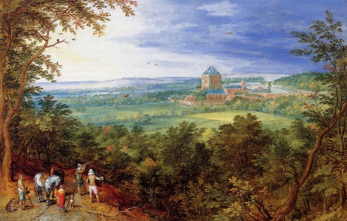 Paysage avec vue sur le chteau de Mariemont  : En bas  gauche, de ce tableau de Jan Bruegel l'Ancien, on voit l'archiduc Albert VII de Habsbourg tenant l'une des toutes premires lunettes