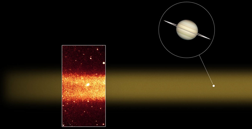 L'anneau gant vu en IR par le tlescope spatial Spitzer a une paisseur d'environ 20 fois le diamtre de Saturne