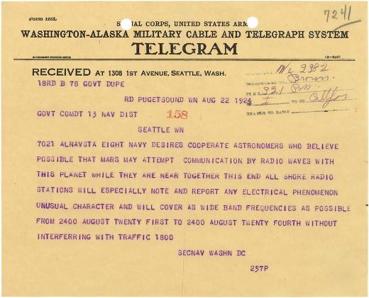Tlgramme du chef des oprations navales de l'arme des Etats-Unis demandant  toutes les stations militaires de guetter d'ventuels signaux mis par des martiens, le 22 aot 1924.