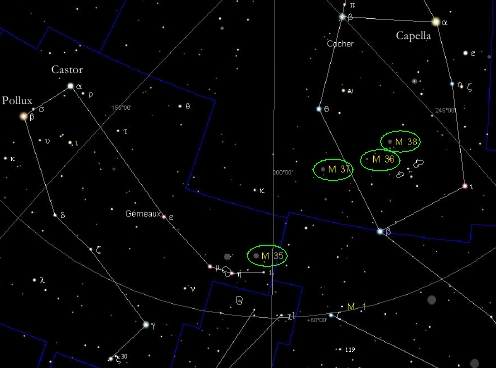 amas ouverts M35, M36, M37 et M38