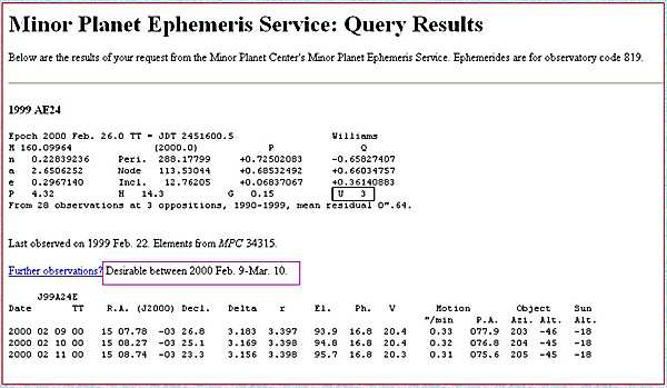 Image écran du site Web MPC EPHEMERIS
 SERVICE
