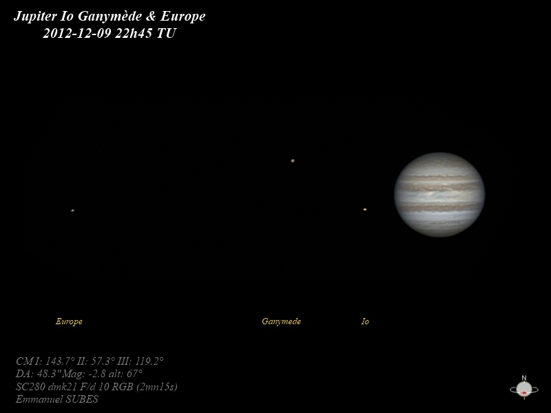 Jupiter Io Ganymede et Europe 9dec2012 22h45TU