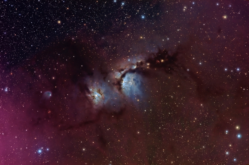 M78_widefield.jpg -          texto_bright    Object:M78 Region   Date:17-10, 23-10, 11-12, 18-12-2009   Observingsite: FNO (Fosca Nit Observatory, Àger)   Telescope: TakahashiTOA-150  @ f/7.3 on EM-400 mount   Camera:SBIG STL-11000M  @ -20C   Filters: Baader RGB   Exposure:11 x 20 min R; 11 x 20 min G; 11 x 20 min B (all unbinned).  Totalexposure: 11,0 h     Guiding: Camera guide chip     Software:Guide & camera control: CCDSoft. Processing: PixInsight 1.5 Comment:    