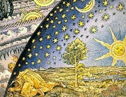 Illustration de la quête des astronomes. Au Moyen-Age, un savant plus curieux que de nature perce le firmament et découvre les rouages de l'univers. Gravure sur bois du XVIe siècle colorisée.