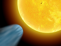 The first exoplanet ever discovered. A G2 star 1.4 Rs with 1 exoplanet of 0.5J at only 0.05 AU. So close to the sun it should display a faint tail against the dark sky due to the evaporation of its atmosphere.