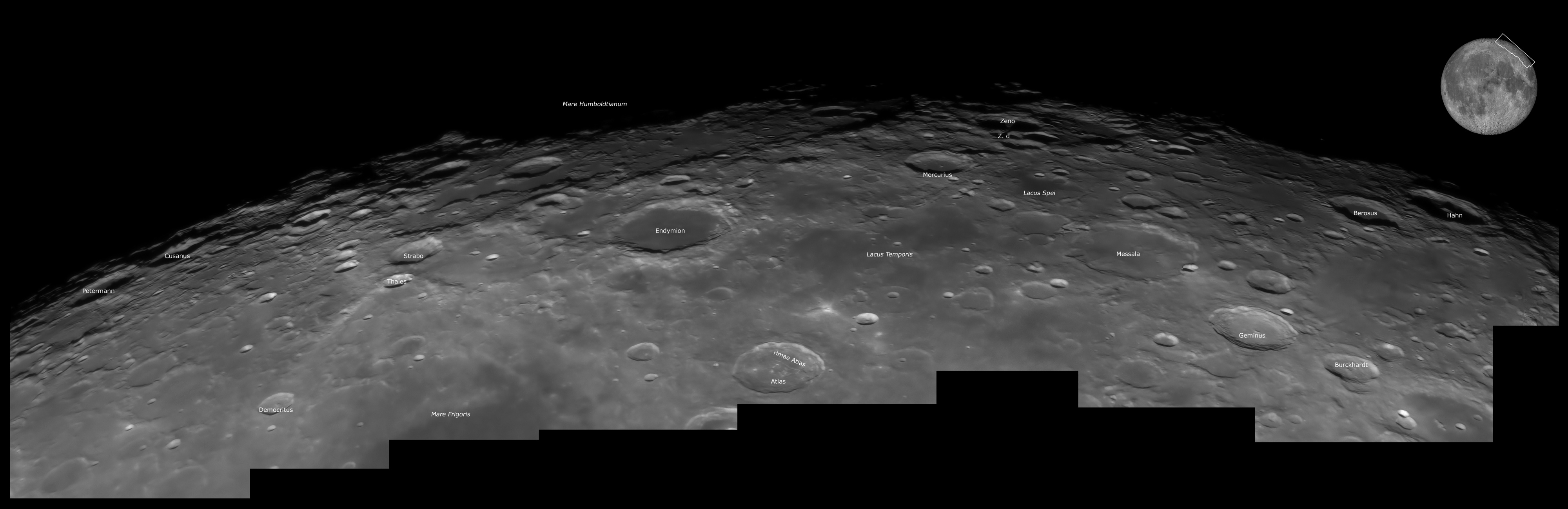 Région Nord-Est du bord lunaire, au 355 mm, anotée