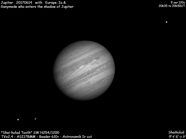Jupiter 20170614 with Europe, Io & Ganymède