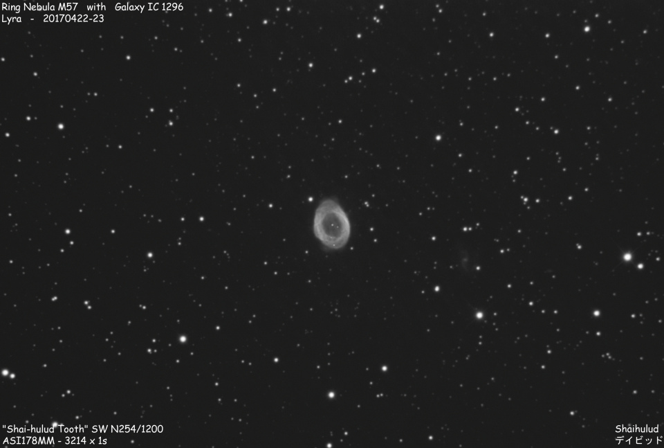 Ring Nebula M57 with Galaxy IC1296 (Shot from the city center of Reims)
