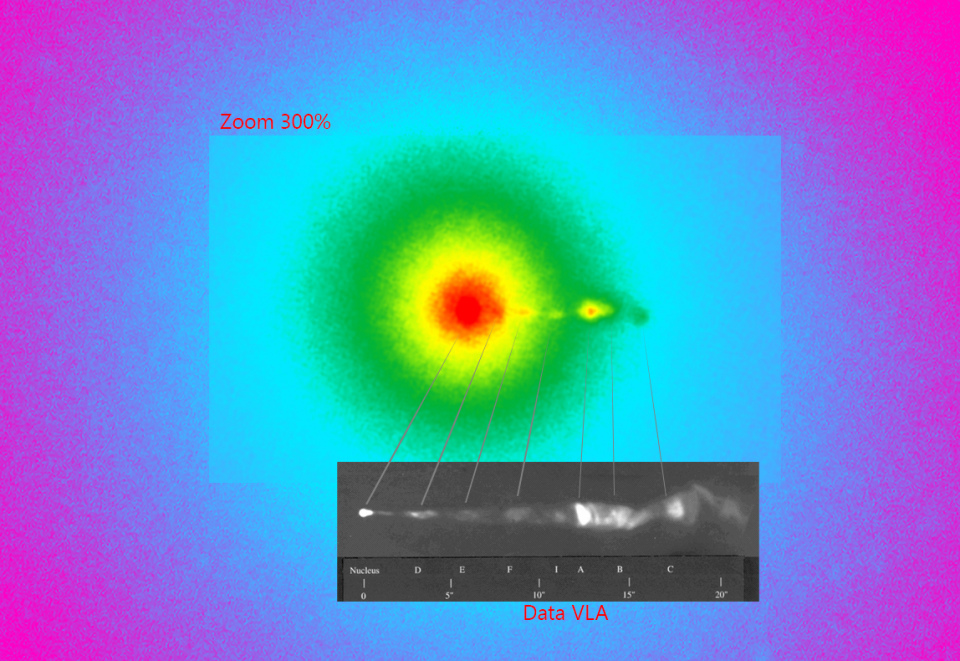 M87 et son jet en fausse couleur zoom 300%