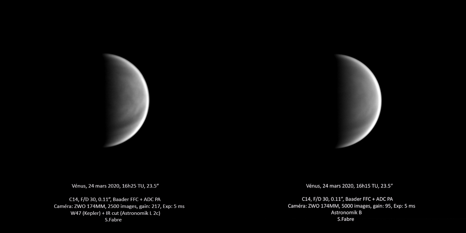Vénus au C14, filtres violet (gauche) et bleu (droite)