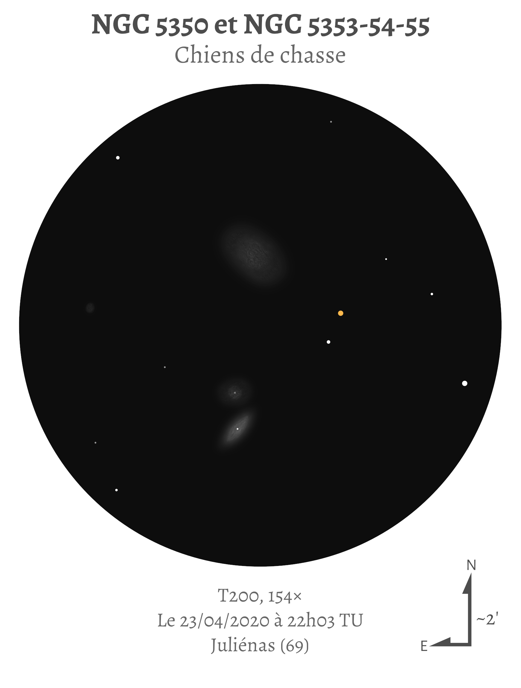 NGC 5350, NGC 5353, NGC 5354 et NGC 5355 (HCG 68) au T200